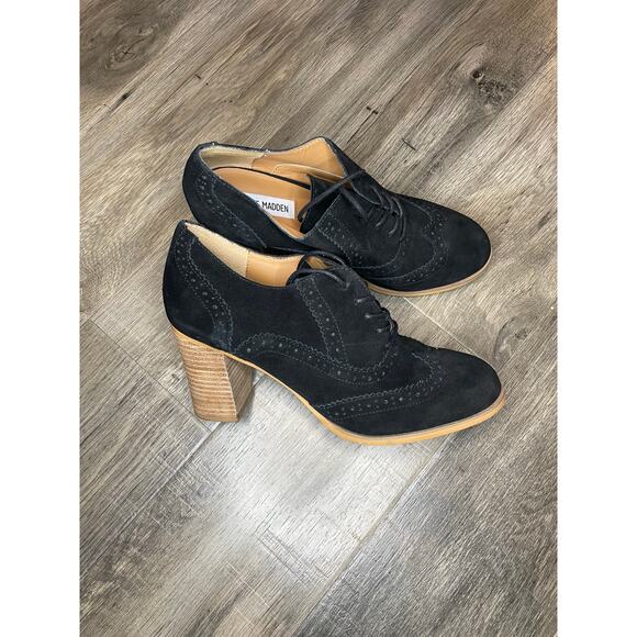 Steve Madden Omyra Black Suede Heeled Oxfords Shoes Witchy Boho Whimsygoth Sz 10 - Picture 1 of 9